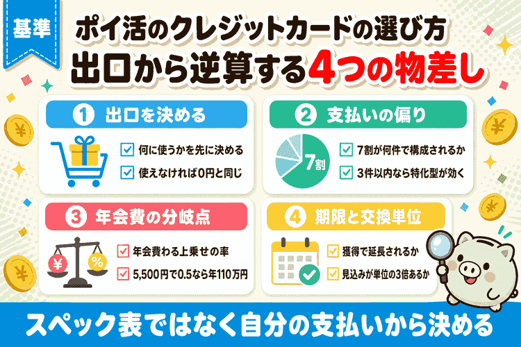 ポイ活のクレジットカードの選び方4つの物差し(出口・支払いの偏り・年会費の損益分岐点・有効期限)の要約図