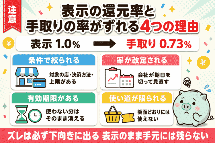 表示されている還元率と手取りの率がずれる4つの理由(条件・改定・有効期限・使い道)の要約図