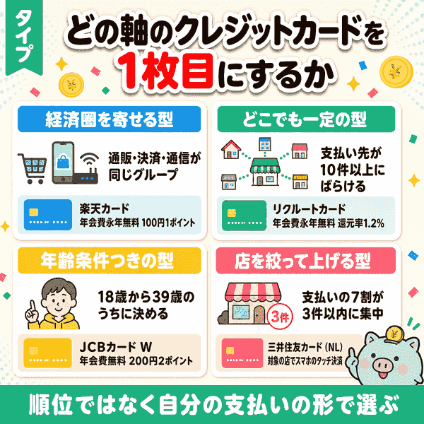 ポイ活の1枚目に選ぶクレジットカードを4つの型(経済圏・一律・年齢条件・店舗特化)で分けたマトリクス図