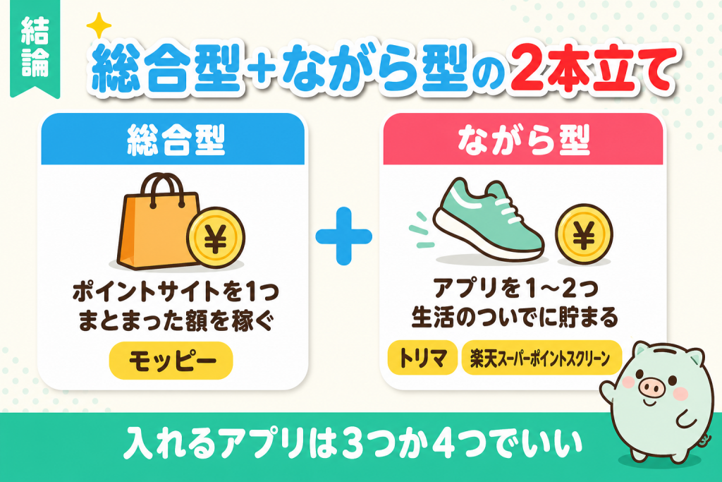 総合型とながら型を2本立てで組む考え方の要約図