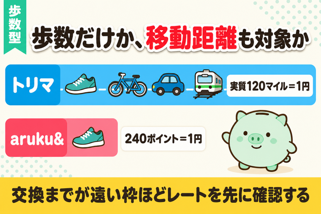 歩数・移動型2サービスの分類図（強みと向いている人）