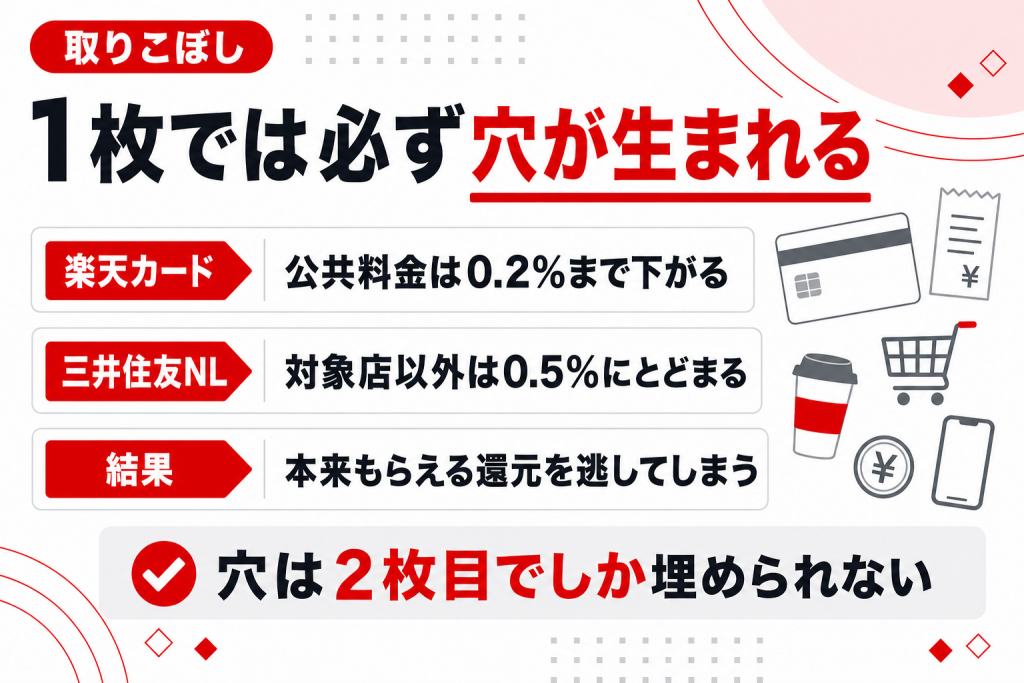 1枚だけで支払ったときに生まれる還元率の穴の解説図