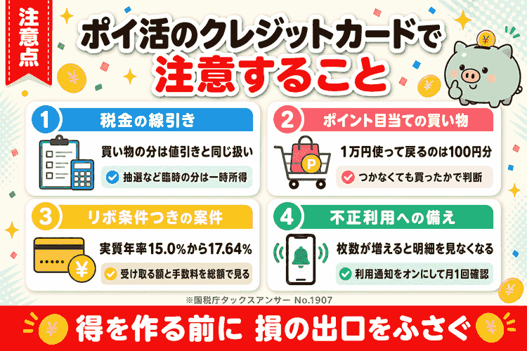 ポイ活のクレジットカードの注意点4つ(税金・使いすぎ・リボ払い・不正利用)と対策の要約図