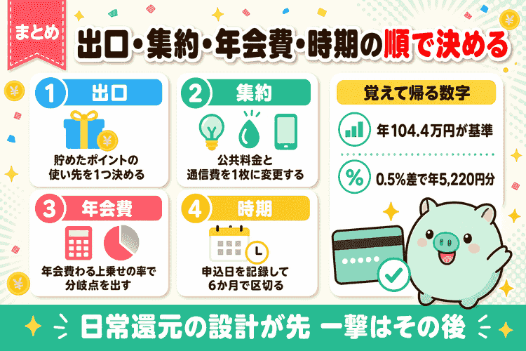 ポイ活のクレジットカードは出口・集約・年会費・時期の順で決めることと今日やることのまとめ図