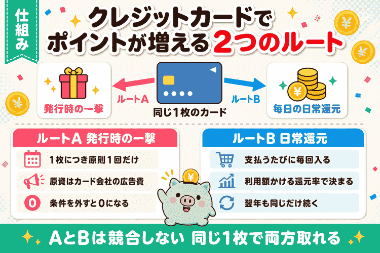 クレジットカードでポイントが増える2つのルート(発行時の一撃と日常還元)の関係図と比較
