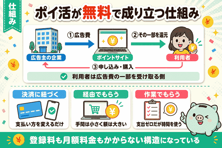 無料で成り立つ仕組みの関係図と、対象になる3つの範囲の要約図