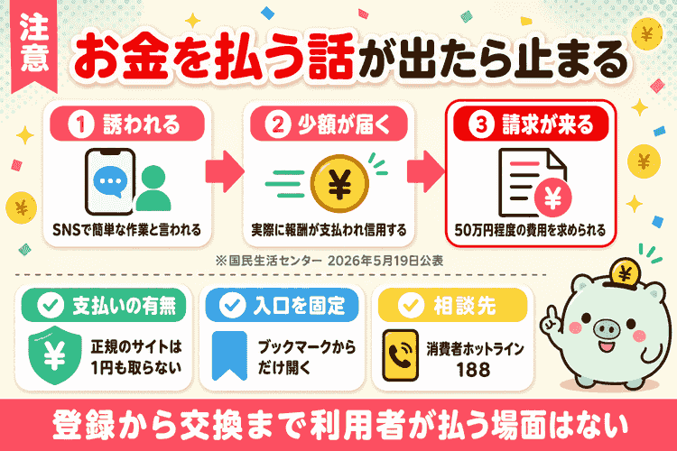 副業トラブルの手口の3段階と、安全を確かめる3つの対策の関係図