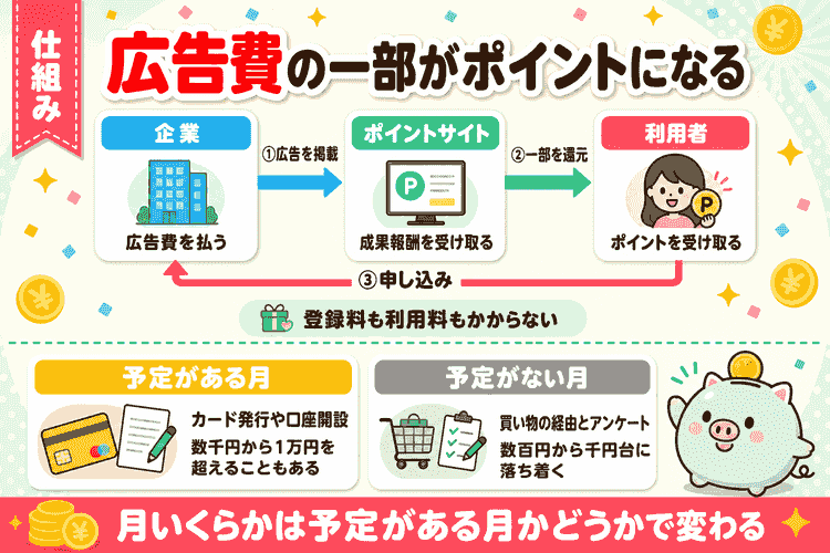 稼げる仕組み(広告費の流れ)と月額の現実の関係図