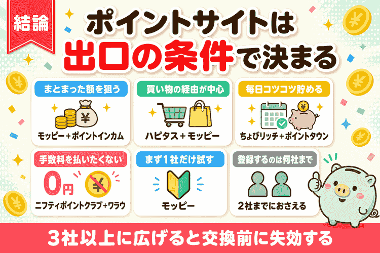 出口の条件で選ぶ考え方の要約図(目的別の組み合わせ)