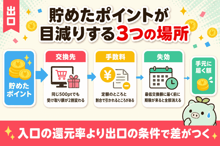 ポイントが交換先・手数料・失効の3か所で目減りする仕組みの関係図