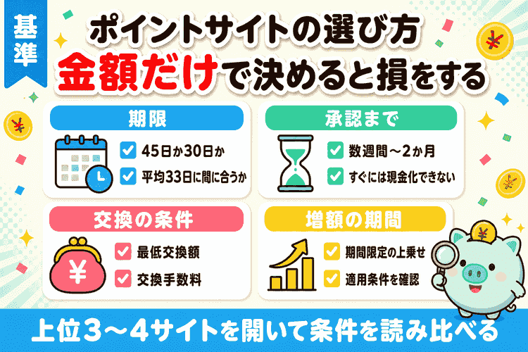 ポイントサイトの選び方の4つの基準（期限・承認・交換条件・増額期間）