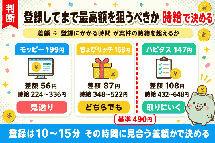 未登録のポイントサイトに新規登録すべきかを時給で判断する分岐点の図