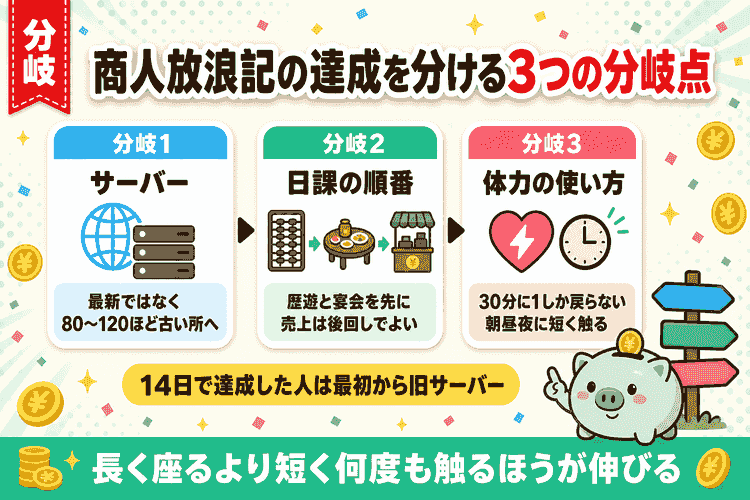 達成を左右する3つの分岐点(サーバー・日課・体力)のステップ図