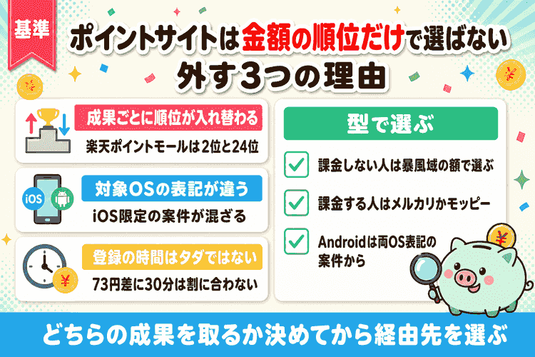 ポイントサイトを選ぶ3つの基準の要約図