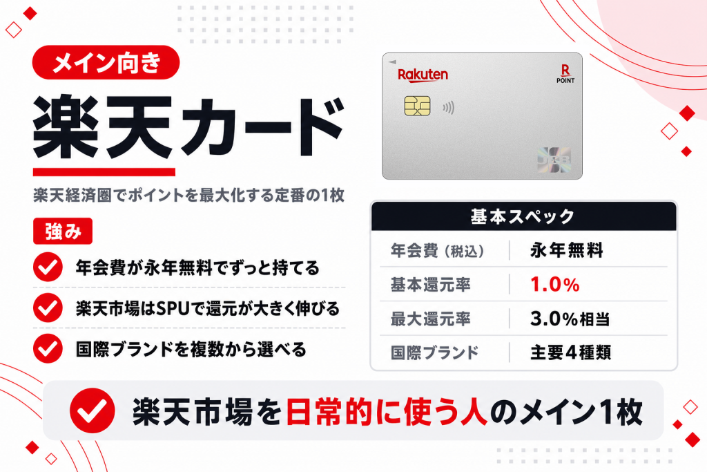 楽天カードの特徴と還元率の要約図