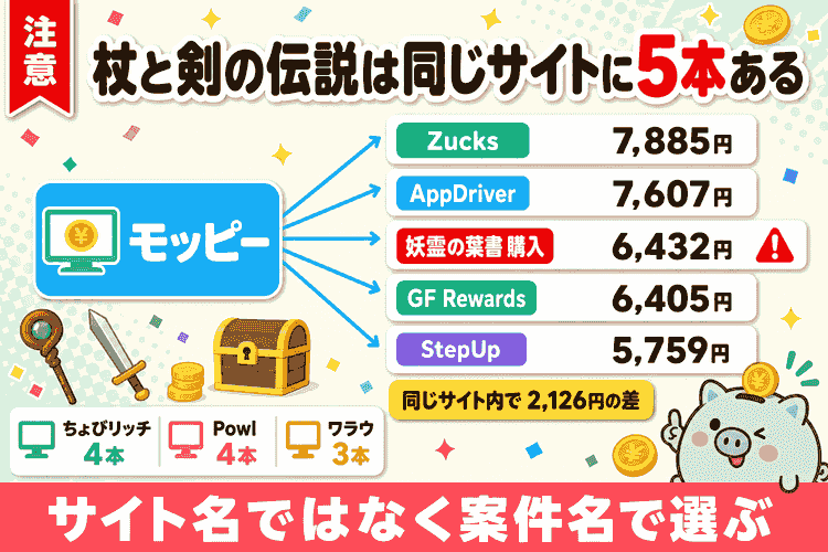 同じポイントサイト内に案件が複数並ぶ構造の関係図